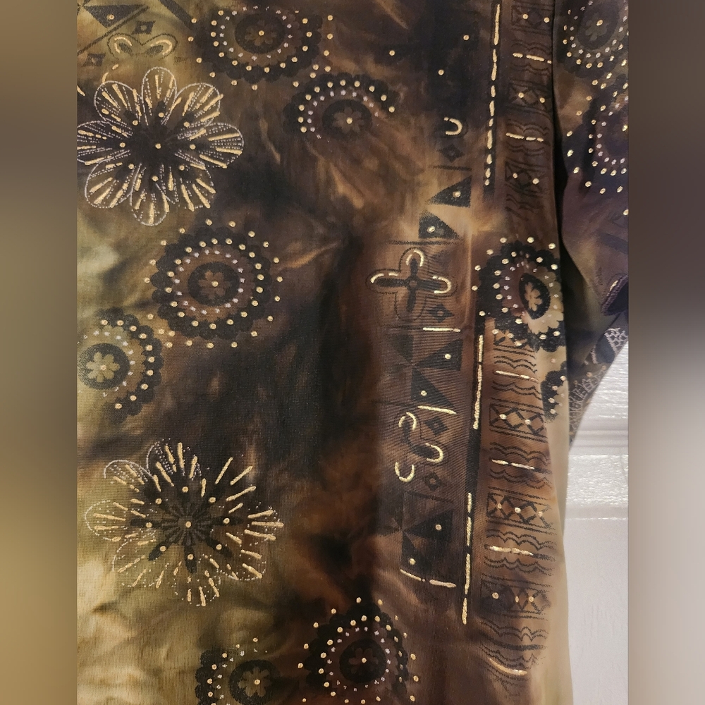 Dress Barn Short Sleeve Brown/Green Cowel Neck Gold Metallic Embellishmets PM - Picture 4 of 10